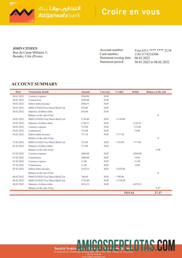 Costa do Marfim Exemplo de extrato bancário de Attijariwafa